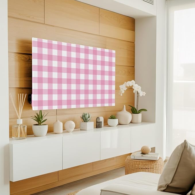 Minimalist Pink Buffalo Lattice Indoor TV Cover, Elastic TV Screen Protector - Image 3