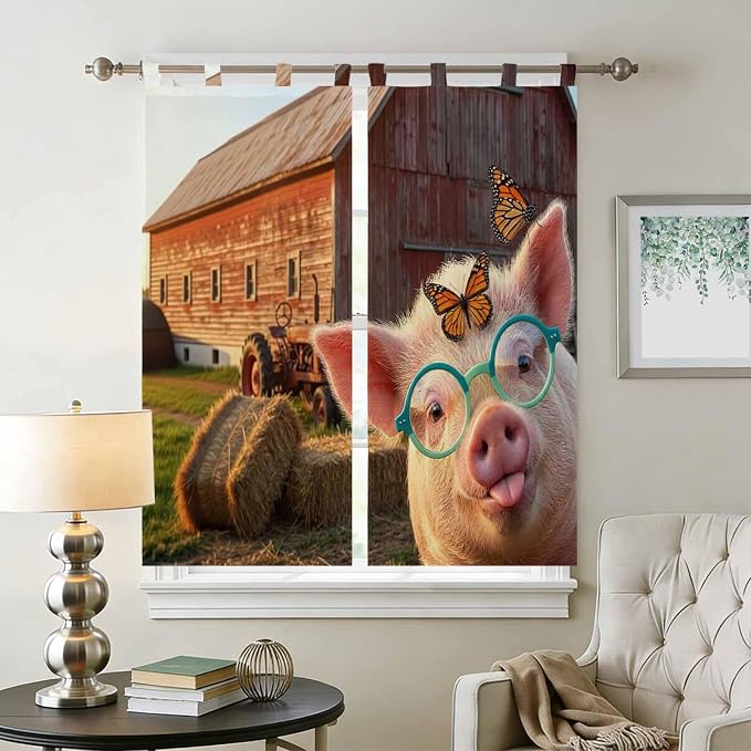 Farm Pig Bedroom Curtains 72 Inch Length, Window Curtains Tab Top, Farmhouse - Image 2