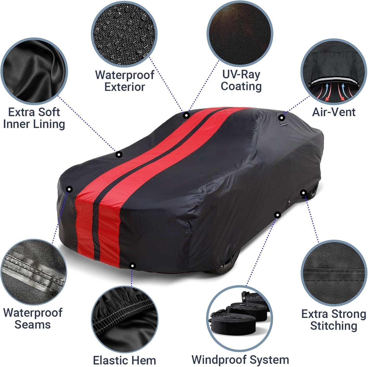 iCarCover Custom Car Cover for Chevy Impala (1994-1996) Waterproof All Weather Rain Snow UV Sun Protector Full Exterior Indoor Outdoor Car Cover (Stripe - Black/Red)