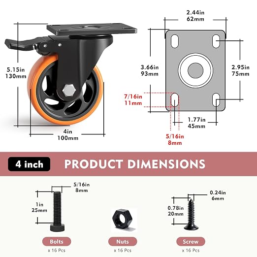 4 Inch Heavy Duty Caster Wheels, Industrial Casters Set of 4 Load 1600lbs - Image 2