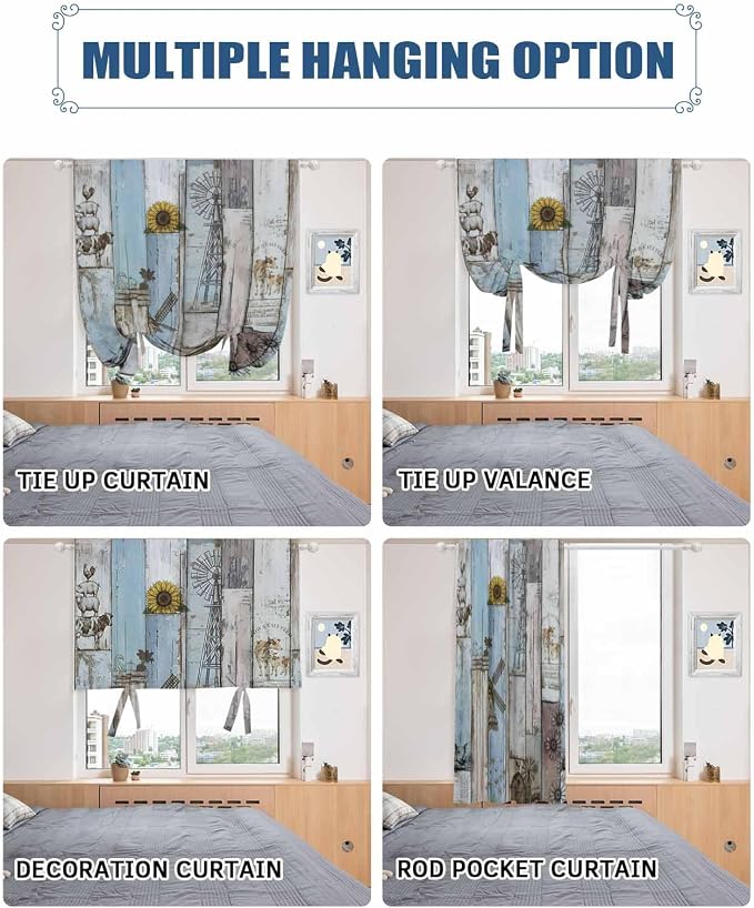 Tie Up Curtains for Windows, Farmhouse Barn Sunflowers Retro Room Darkening - Image 5