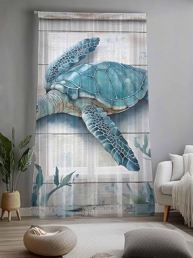 Sheer Curtains 96 Inches Long, Teal Green Sea Turtle Semi Sheer Curtains Light - Image 2