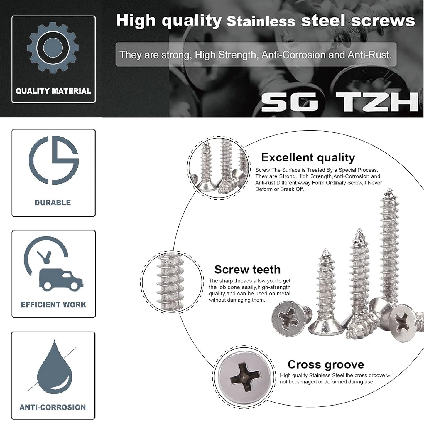 #12 x 1-1/4" Wood Screw 100Pcs 18-8 (304) Stainless Steel Screws Flat Head Phillips Fast Self Tapping Drywall Screws by SG TZH