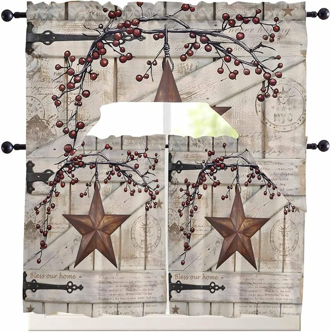 Village Stars Swag Kitchen Curtains Valance and Tier Set, Vintage Rust Yellow by Unknown