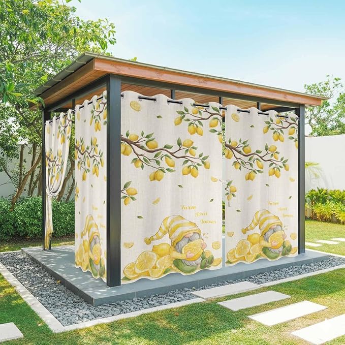 Summer Outdoor Curtains for Patio Lemon Gnome Leaf Linen Texture Waterproof by Unknown