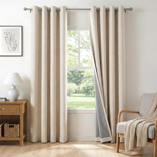 100% Blackout Shield Linen Blackout Curtains for Bedroom, Oatmeal Grommet Curtains for Living Room, Thermal Insulated Room Darkening Drapes for Nursery, Boho Home Decor, 50" W x 63" L, 2 Panels