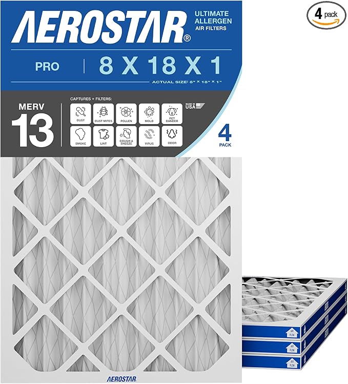 Aerostar 8x18x1 MERV 13 High Efficiency Pleated Air Filter, Electrostatic AC by AirFiltersDelivered