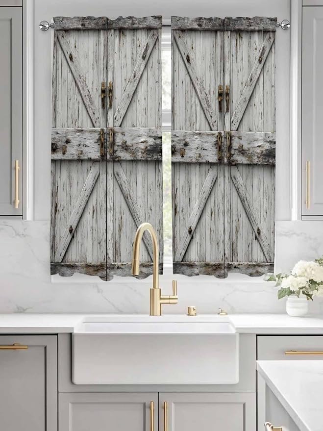 Vintage Gate Bedroom Curtains 63 Inches length, Farmhouse Wooden Grain Shabby - Image 3