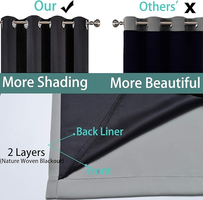 Yakamok Gray 100% Blackout Curtains 45 Inches Long, Full Light Blocking Thermal Insulated Blackout Drapes with Black Liners for Bedroom(Grey, 2 Panels, 52W x 45L)