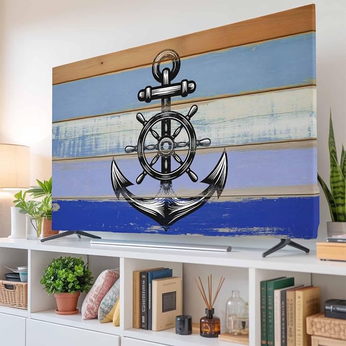 Black Wooden Boards Anchor Indoor TV Cover, Elastic TV Screen Protector Blue - Image 6