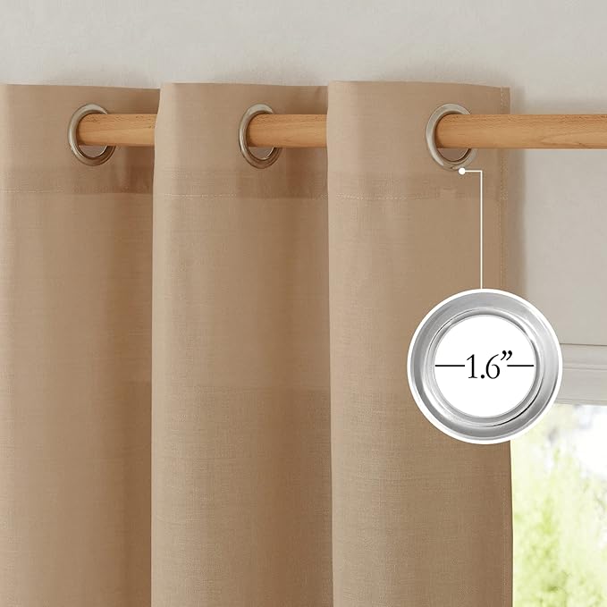 NICETOWN Living Room Linen Curtains Thick Flax Texture 96 inch Long, Grommet Semi Sheer Privacy Assured with Light Filtering Drapes for Bedroom/Living Room, Camel, W55 x L96, 2 Panels