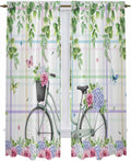 Spring Kitchen Curtains, Bicycles Botanical Leaves Rose Colorful Stripes Light by Unknown