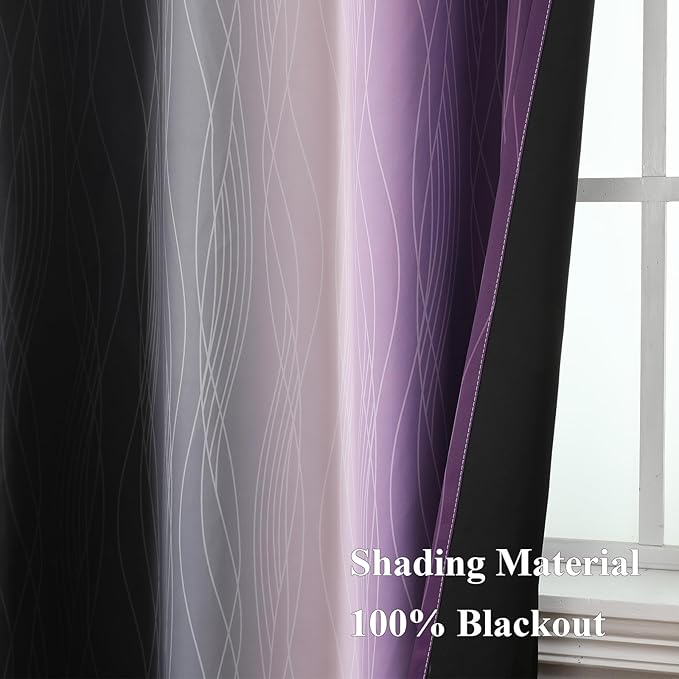 Estelar Textiler Black and Purple Ombre Blackout Curtains 45 Inch Length 2 Panels, Full Room Darkening Gradient Drapes for Kitchen, Thermal Insulated Grommet Short Curtains for Bathroom,52Wx45L