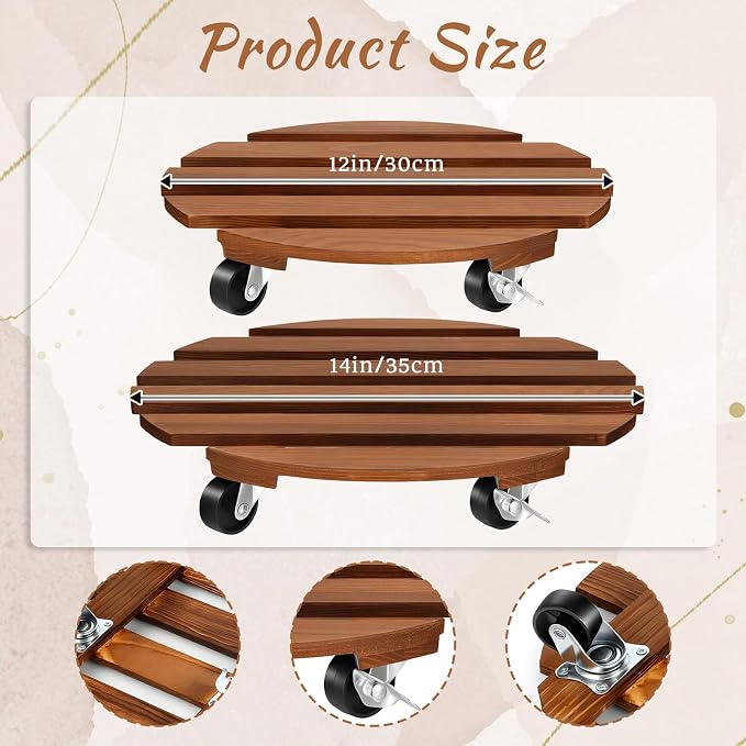 2 Pack Wood Plant Caddy with Wheels Planter Cart Round Plant Rollers Heavy Duty - Image 3