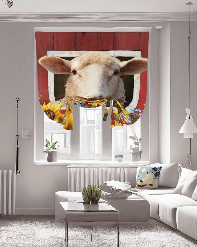 Tie Up Curtains for Windows, Sheep Sunflower Adjustable Balloon Nature Linen - Image 3