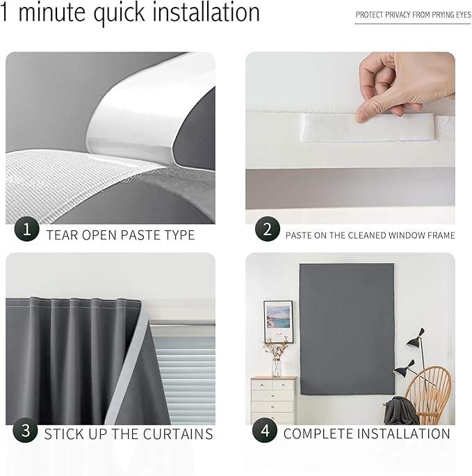 Magic Tape Stick On Curtains Window Shades Pull Down Blackout Window Cover Blackout Curtains for Bedroom No Drillng Self Adhesive Curtains No Rod Small Curtain, 35" W X 71" L, Grey, 1 Panel