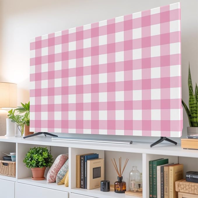 Minimalist Pink Buffalo Lattice Indoor TV Cover, Elastic TV Screen Protector - Image 6