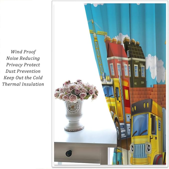 Kids Cartoon Construction Window Curtains, Funny Construction Site Cars and - Image 5