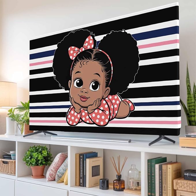 Cute Girl on Abstract Stripe Indoor TV Cover, Elastic TV Screen Protector Black - Image 6