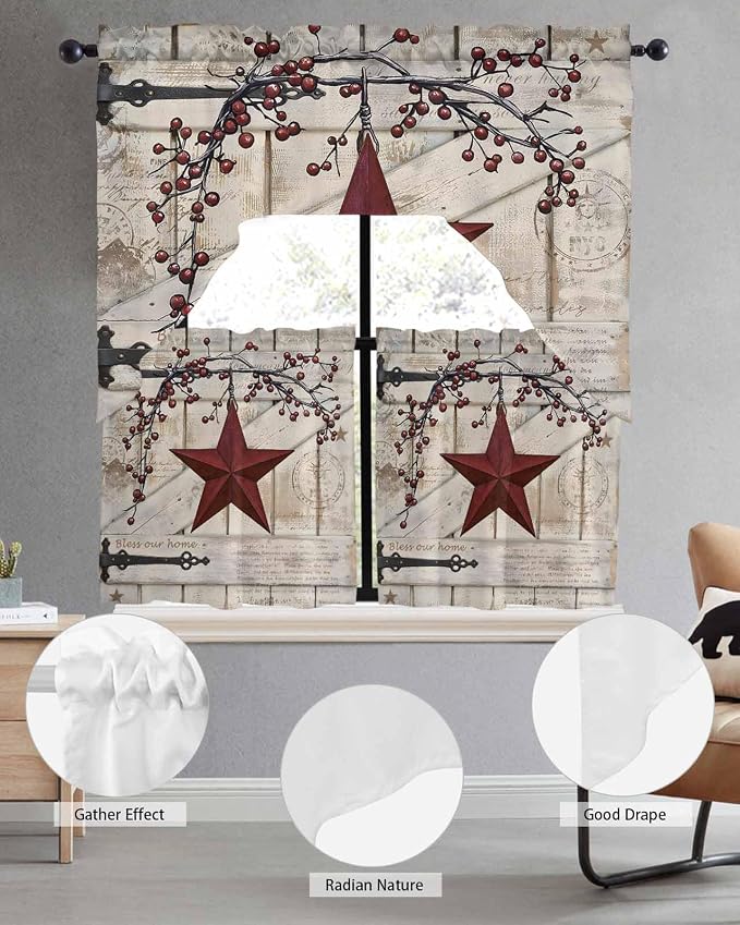 Village Stars Swag Kitchen Curtains Valance and Tier Set, Vintage Dark Red Star - Image 5
