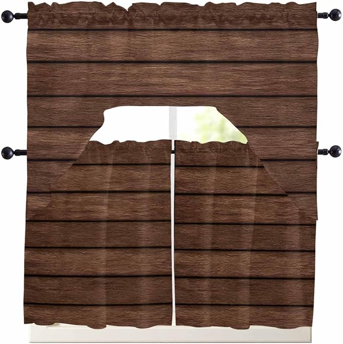 Brown Wooden Board Swag Kitchen Curtains Valance and Tier Set, Vintage Wood - Image 7