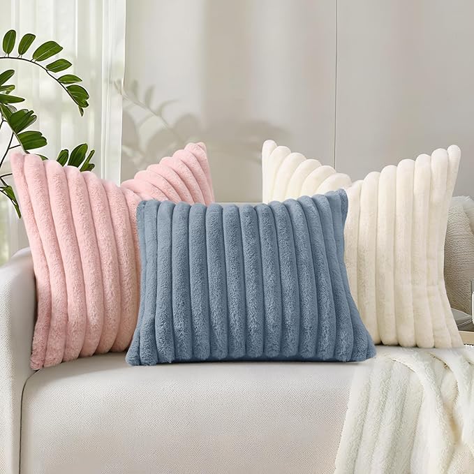 decorUhome Summer Cozy Faux Fur Throw Pillow Covers 22x22 Set of 2 Decorative Soft Plush Striped Modern Farmhouse Boho Couch Euro Sham Pillow Cases with Velvet Back for Sofa Bed Living Room, Pink