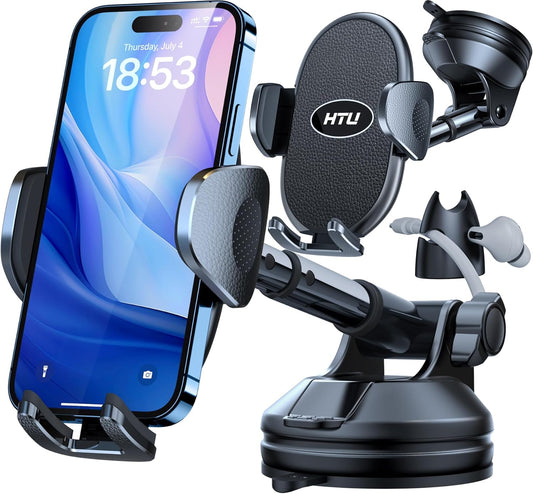 HTU 【Military-Grade Suction】 2025 Cell Phone Holder for Car【Flexible Telescopic Arm】 Car Phone Mount Stand for Dashboard Windshield for iPhone 16 Pro Max 15 14 13 12 Samsung Truck Jeep, Black