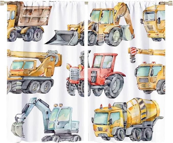 Kids Excavator Curtains, Retro Truck Tractor Machinery Construction Vehicle by SHElifestyle
