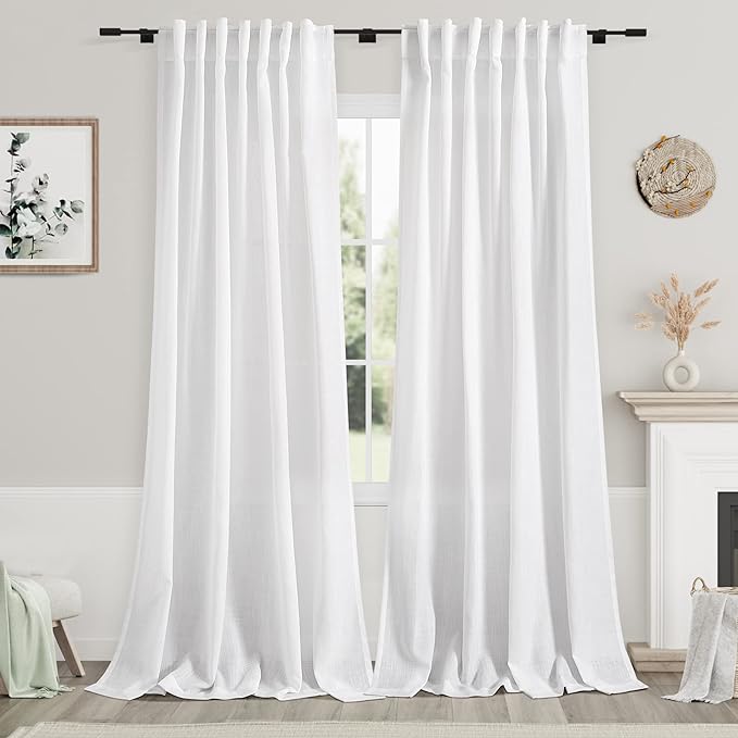 Nanspring Extra Long White Curtain 102 inches Long 2 Panels Set for Living Room Back Tab Modern Farmhouse Decor Cotton Textured Off White Sheer Linen Curtains 102 inch Length for Large Window