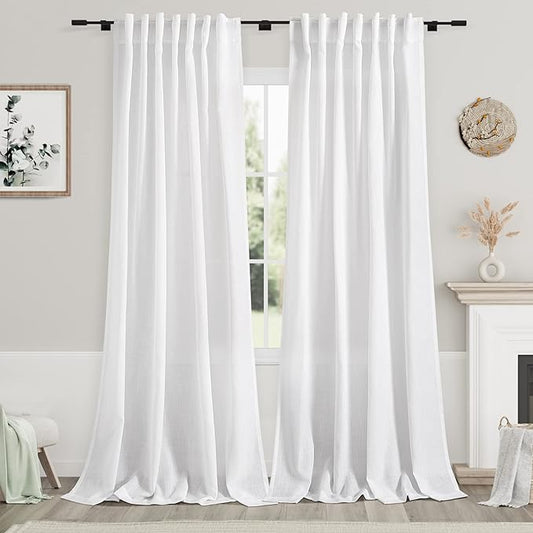 Nanspring Linen White Curtains 2 Panels Set Extra Long for Living Room Back Tab Semi Sheer Light Filtering Drapes Modern Farmhouse Decor Linen Textured Curtain for Floor to Ceiling Window 52x107