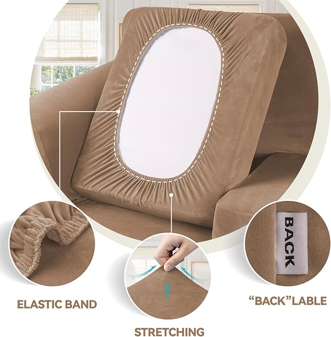 WEERRW Velvet Couch Covers for 2 Cushion Couch Sofa - High Stretch Luxury Velvet Plush 3 Pieces Sofa Slipcovers with Elastic Bottom, Furniture Protector for Pets, Machine Washable, Camel, Medium