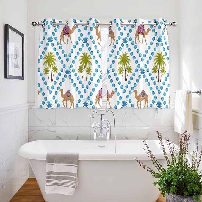 2 Panel Kitchen Cafe Curtains, Camels Palm Trees Sunlight Filtering Nature Air - Image 3
