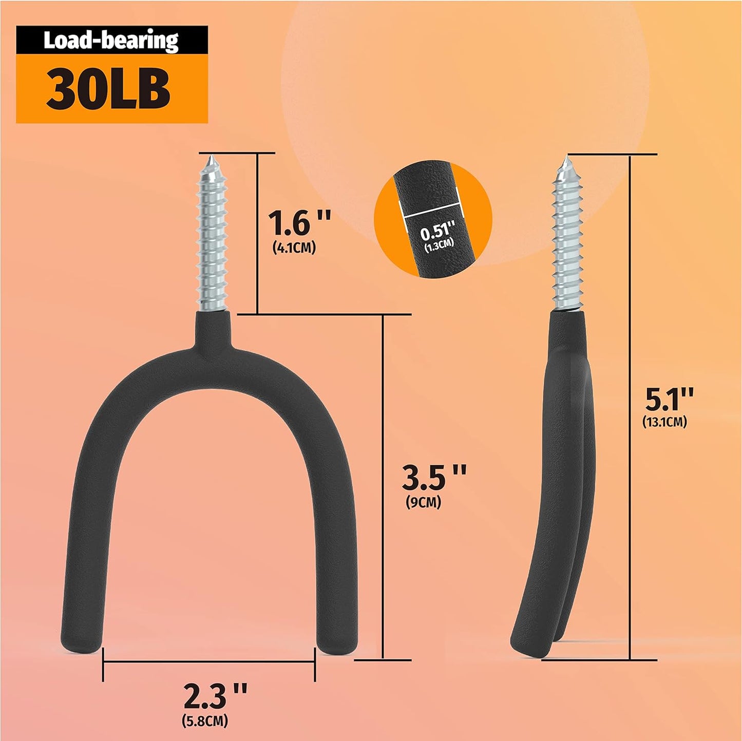 HUHOLE Screw in U Hook, Black Heavy Duty, 6PC, Shovel Holder Wall Mount, U Hooks for Hanging Garden Tools