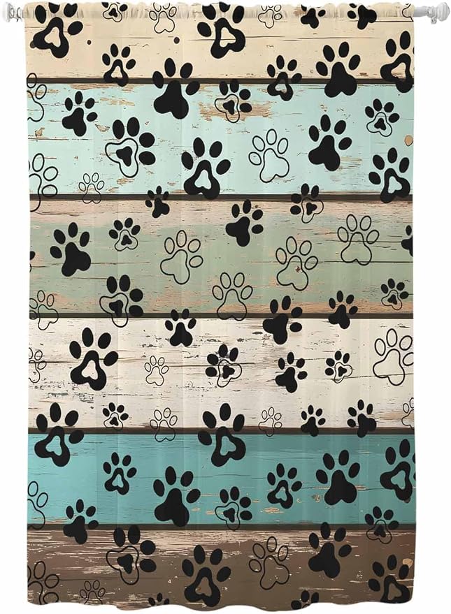 Sheer Curtains 63 Inch Length, Sage Green Brown Paw Prints Semi Sheer Curtains by Unknown