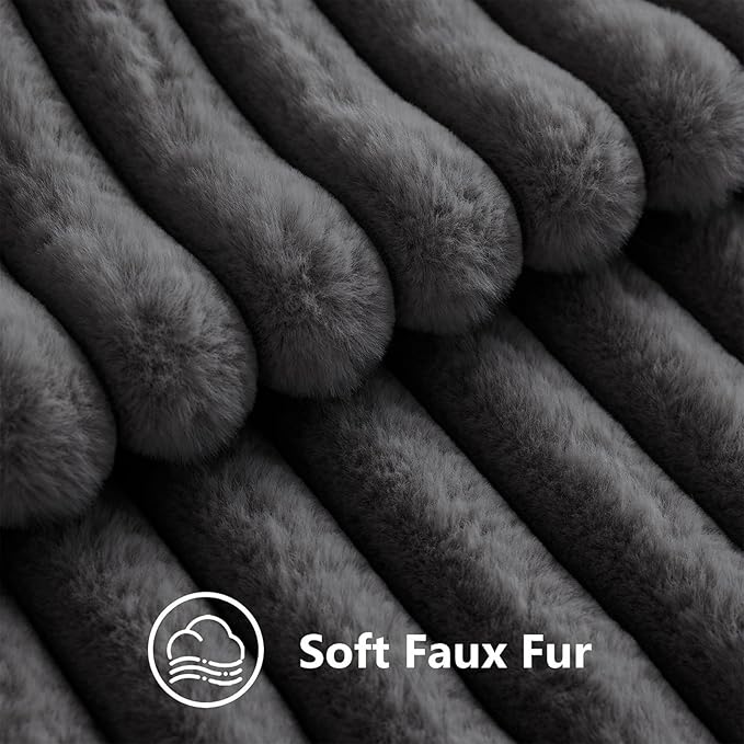 decorUhome Cozy Faux Fur Throw Pillow Covers 22x22 Set of 2 Decorative Soft Plush Striped Modern Farmhouse Boho Couch Euro Sham Pillow Cases with Velvet Back for Sofa Bed Living Roomr, Dark Grey