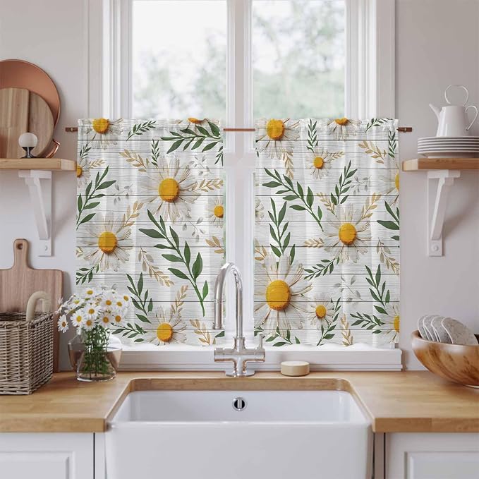 Spring Daisy Tier Curtains, Farmhouse Country Flower Leaf Plant Wood Grain - Image 2