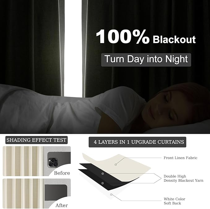 95 Inches Length Cream Colored Custom Blackout Linen Curtains Ivory Cream Pinch Pleated Noise Cancelling Curtains with Pin Hooks for Traverse Burlap Viral Drapes 2 Panels for Living Room Bedroom