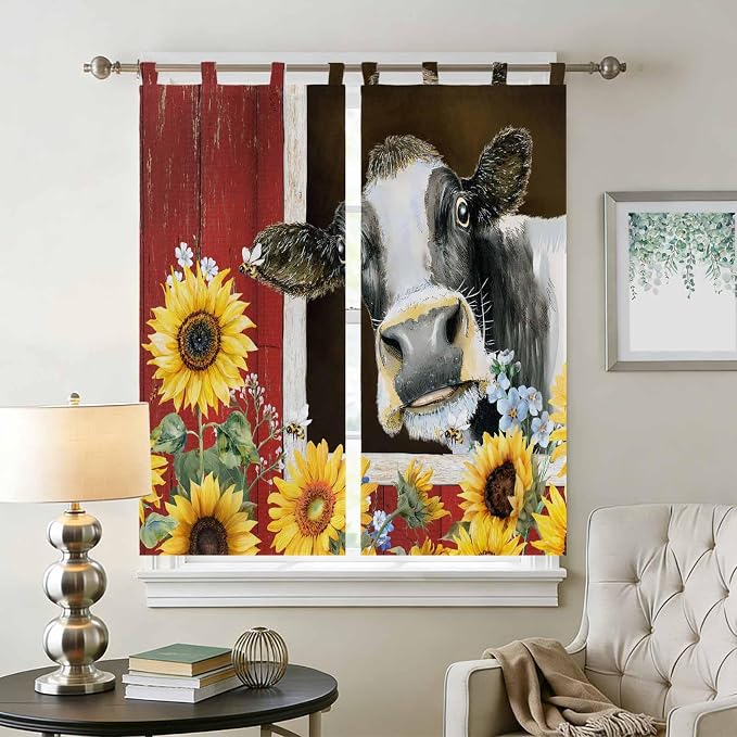 Cows Sunflowers Living Room Curtains 84 Inch Length, Window Curtains Tab Top - Image 2