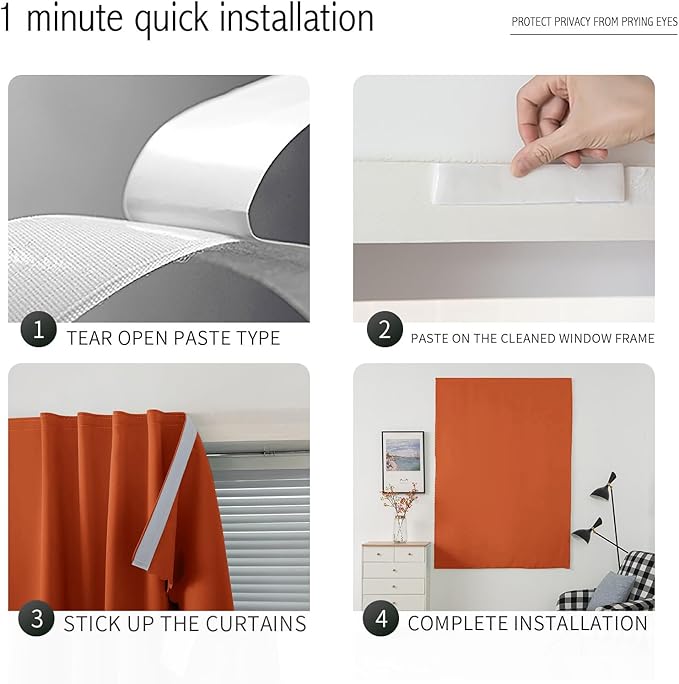 Self Adhesive Curtains Portable Blackout Curtain Simple and Easy to Install Bedroom Window Thermal Lnsulated Kitchen Room Darkening Black Small Drapes, 59" W X 84" L, Orange, 1 Panel