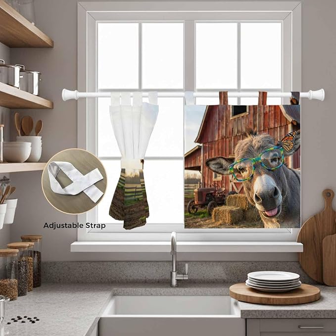 Farm Donkeys Kitchen Curtains 24 Inch Length, Small Window Curtains Tab Top - Image 5