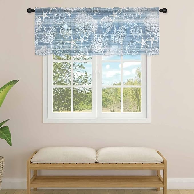 Haze Blue Retro Summer Sheer Valance Curtains, Sea Turtle Starfish Coral Ocean - Image 4