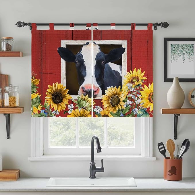 Cow Sunflowers Bedroom Curtains 63 Inch Length, Window Curtains Tab Top - Image 3