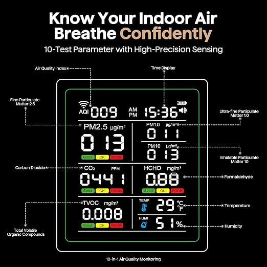 Air Quality Monitor Indoor, 10-in-1 Portable Smart Air Quality Tester - Image 5