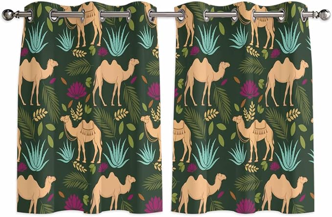 2 Panel Kitchen Cafe Curtains, Retro Desert Camel Sunlight Filtering Nature Air by Hokiten