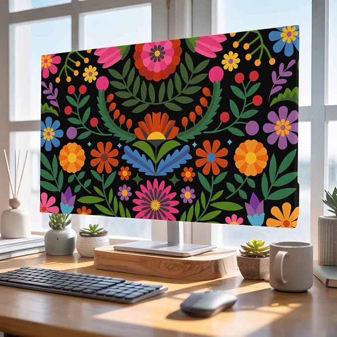 Abstract Boho Flower Floral on Black Indoor TV Cover, Elastic TV Screen - Image 4