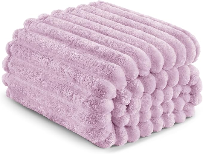 Exclusivo Mezcla Fleece Throw Blanket for Couch, Super Soft Striped Jacquard Bed Blanket, Lightweight Fuzzy Cozy for All Seasons, 50x60 Inches, Lilac Purple