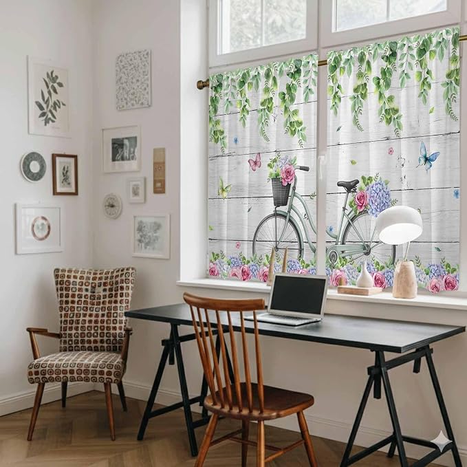 Spring Kitchen Curtains, Bicycles Botanical Rose Leaves Butterfly Wood Grain - Image 6