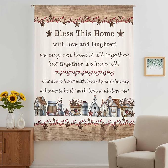 Farmhouse Sheer Curtains 63 Inch Length Country Star Barn Berry Brown Wood - Image 5