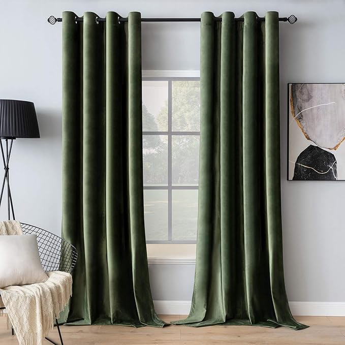 MIULEE Velvet Curtains Olive Green Elegant Grommet Curtains Thermal Insulated Soundproof Room Darkening Drapes for Classical Living Room Bedroom Decor 52 x 84 Inch Set of 2
