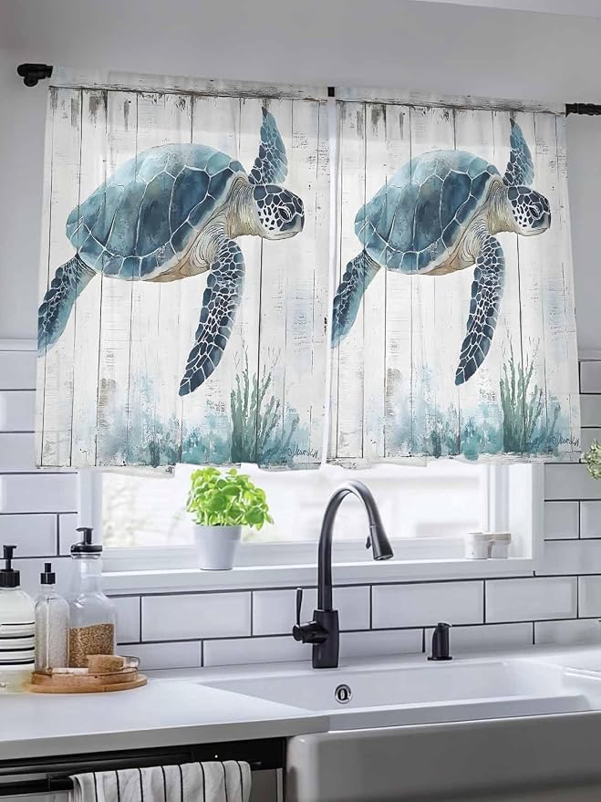 Sheer Curtains 54 Inch Length, Sea Turtle Teal Blue Semi Sheer Curtains Light - Image 5